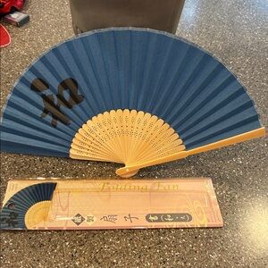 Blue & Natural Folding Hand Fan